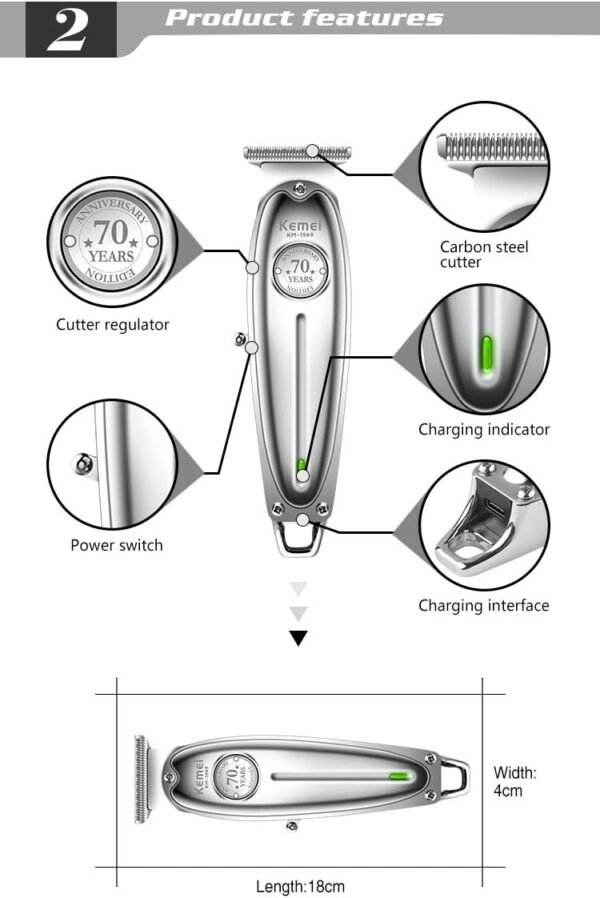 Kemei KM-1949 Professional Rechargeable Hair Clipper for Men (Silver)