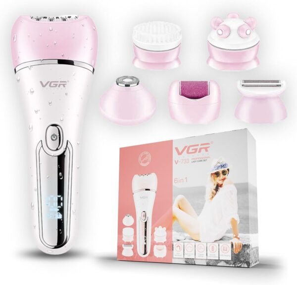 VGR V-733 Professional Ladies Grooming Kit,Epilator for women for full body grooming| 6 in 1 lady care set,LED Display,90min Runtime &600mAh Lithium Battery with IPX 7 Waterproof (Pink)1 Year Warranty