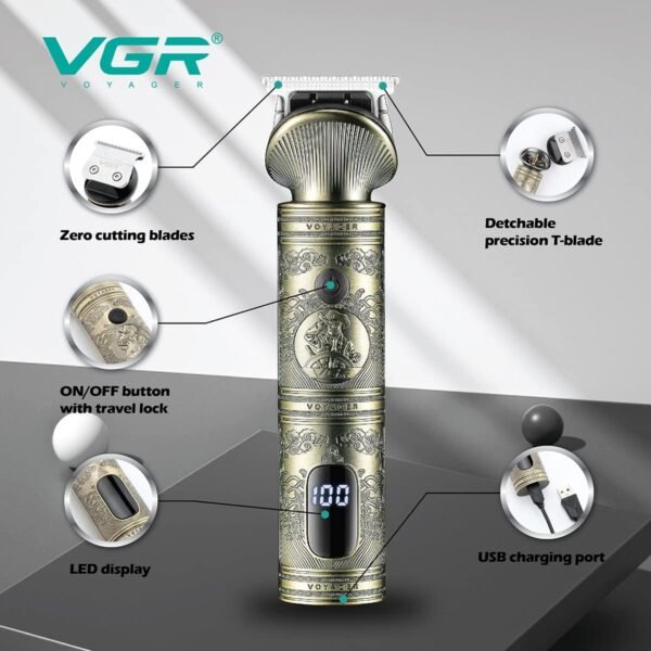 VGR V-962 Professional Pro Self Haircut Hair Clipper Beard trimmer Digital Display Blades USB Charging cable 4 Guide Combs for men 0mm Bald Head Clipper Runtime 200 mins 1200 mAh Li-ion Battery
