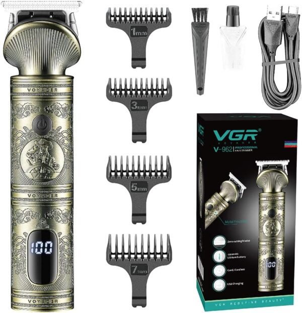 VGR V-962 Professional Pro Self Haircut Hair Clipper Beard trimmer Digital Display Blades USB Charging cable 4 Guide Combs for men 0mm Bald Head Clipper Runtime 200 mins 1200 mAh Li-ion Battery