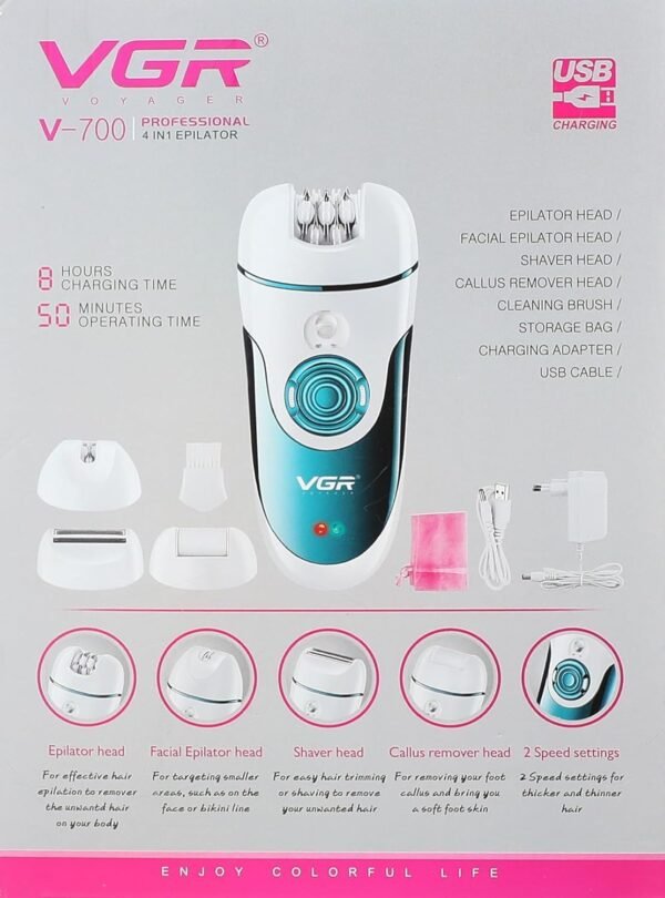 VGR V-700 Cordless Professional 4-in-1 Women Epilator & Shaver for Face, Legs, Underarms & Bikini area with Callus Remover for Wet & Dry use 50 minutes Runtime 2X500 mAH Li-ion Battery Fast Charge