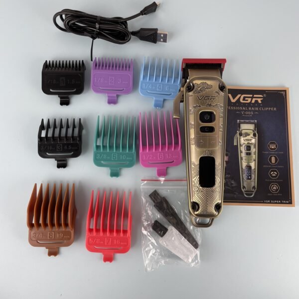 VGR Premium Metal Housing Hair Clipper LED Display, powder metallurgic Blade 5500-7000 RPM 4 Speed motor auto testing button USB charging 4 adjustable Taper Lever 8 Guide combs Runtime 250 min, V-005