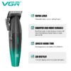 Vgr V-003 Ultra Premium Professional 9000 Rpm 2 Speed Hair Clipper Set Metal Housing Ceramic & Powder Metallurgic Blade Digital Display 2500 Battery 4 Adjustable Taper Lever 6 Guide Comb (Green)