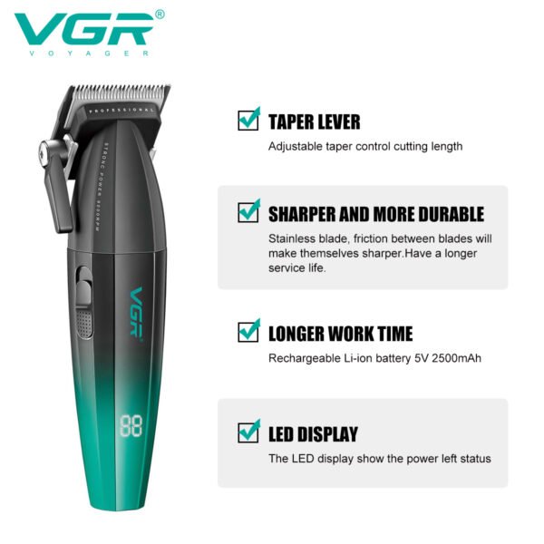 Vgr V-003 Ultra Premium Professional 9000 Rpm 2 Speed Hair Clipper Set Metal Housing Ceramic & Powder Metallurgic Blade Digital Display 2500 Battery 4 Adjustable Taper Lever 6 Guide Comb (Green)