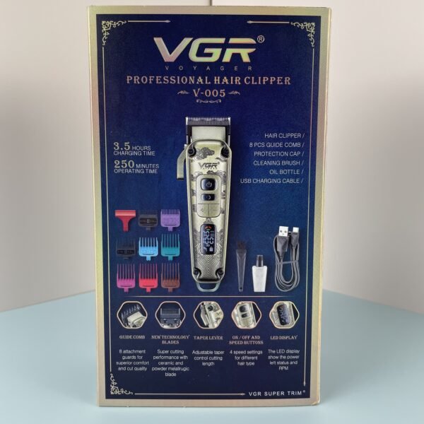 VGR Premium Metal Housing Hair Clipper LED Display, powder metallurgic Blade 5500-7000 RPM 4 Speed motor auto testing button USB charging 4 adjustable Taper Lever 8 Guide combs Runtime 250 min, V-005