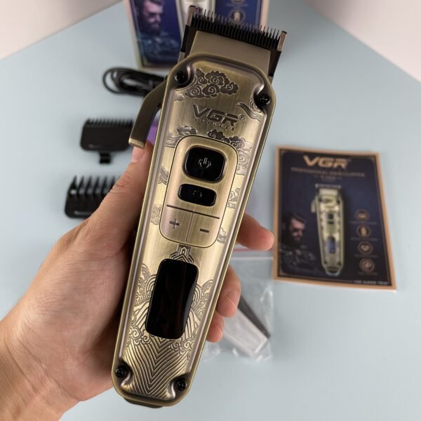 VGR Premium Metal Housing Hair Clipper LED Display, powder metallurgic Blade 5500-7000 RPM 4 Speed motor auto testing button USB charging 4 adjustable Taper Lever 8 Guide combs Runtime 250 min, V-005