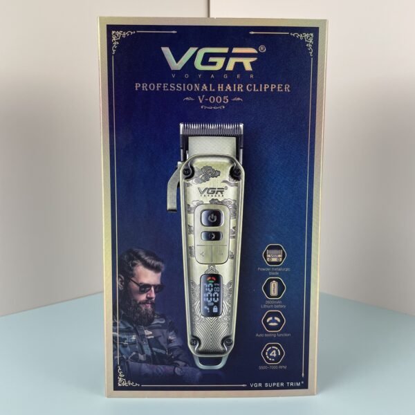 VGR Premium Metal Housing Hair Clipper LED Display, powder metallurgic Blade 5500-7000 RPM 4 Speed motor auto testing button USB charging 4 adjustable Taper Lever 8 Guide combs Runtime 250 min, V-005
